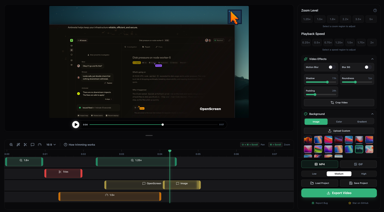 Editor view with timeline, multi-segment speed and a wallpaper background